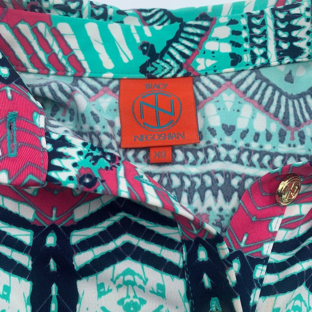 Tracy Negoshian Shift Dress Womens XS Pink Teal Geometric Chevron 3/4 Sleeve - Picture 3 of 7